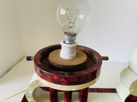 Image 1 of German Art Deco wood mother of pearl silver clock blue opaline glass lamp set with drawers, 1930s