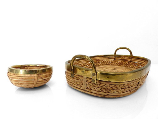 Rattan and brass basket and bowl in the style of Gabriela Crespi, Italy 1960-1970