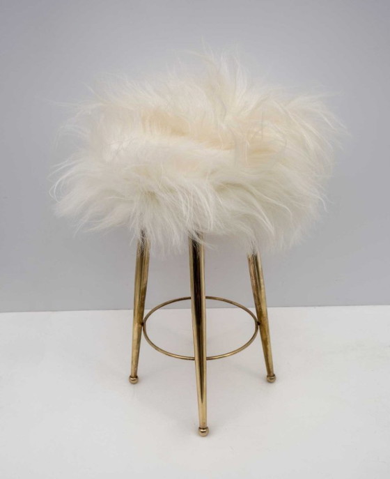 Image 1 of Pequeño taburete italiano de latón y piel de oveja Gio Ponti, años 50