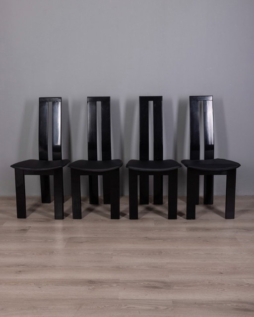 SET VON 4 VINTAGE-STÜHLEN AUS HOLZ UND LEDER AUS DEN 1970ER JAHREN, ENTWURF VON PIETRO COSTANTINI FÜR ELLO