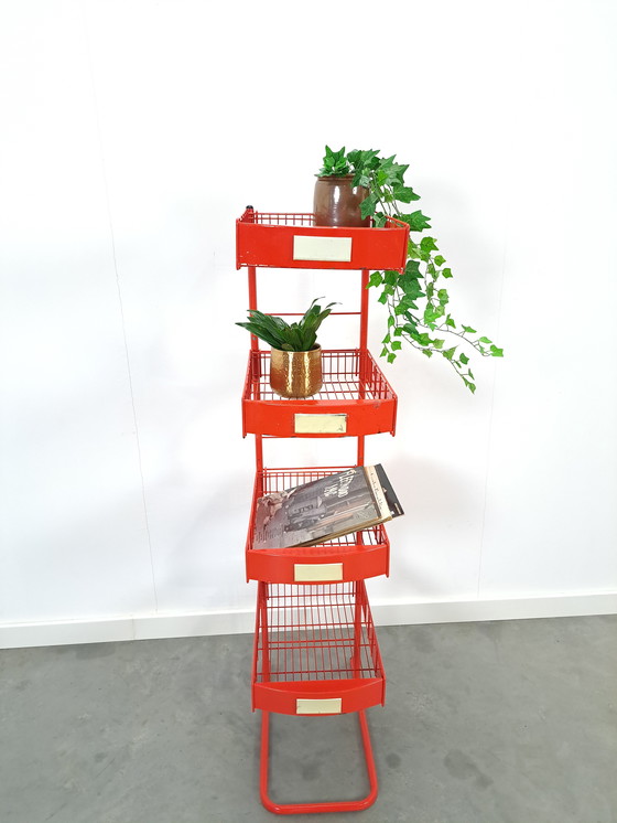 Image 1 of Red Metal Shop Display Case Shop Rack With Baskets Vintage