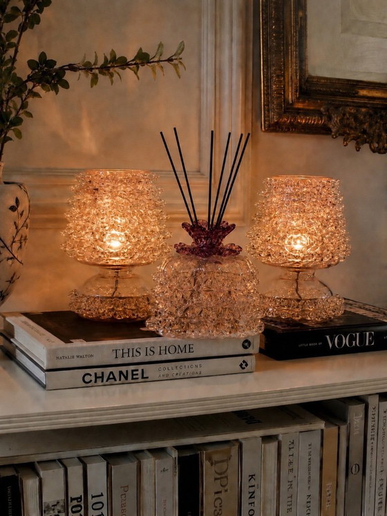 Image 1 of Set di lampade vintage in vetro di Murano Rostrato firmate, con diffusore decorativo abbinato – Vetro avventurina beige e oro