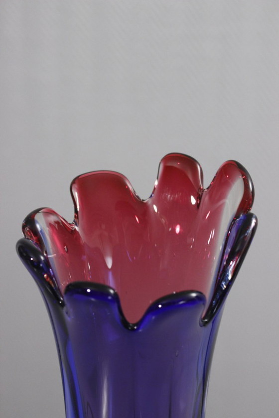 Image 1 of Grote vaas van Murano-glas, vervaardigd met de Sommerso-techniek, roze en blauw, Italiaans design, jaren 70.
