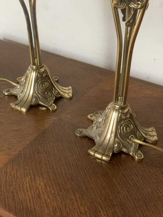 Image 1 of Pair of vintage brass table lamps in art nouveau style