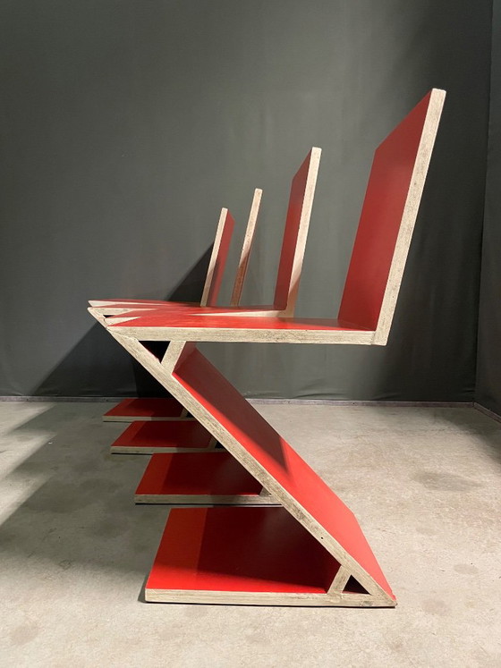Set di 4 sedie zig zag fatte da falegname anni '80, Sedie da camera, Legno, Rosso, Modern (foto 5 di 6)