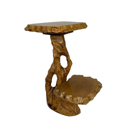 Guéridon porte-plantes à 2 plateaux, sculpture sur bois vintage, années 50 USA