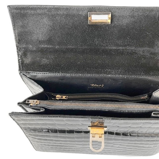Image 1 of Borsa vintage in vernice nera con stampa coccodrillo Vimar Paris, anni '60