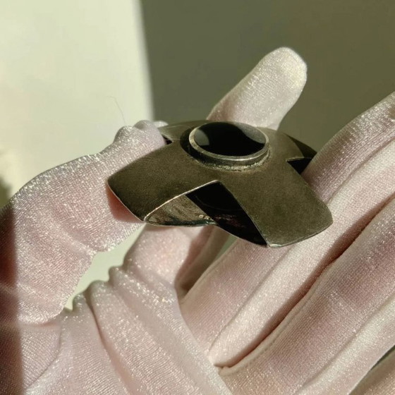 Image 1 of Antique Georg Jensen Era 1910-1925 Solid 925 Silver Maltese Cross Double Sided Lapis Lazuli & Onyx Hallmark GI