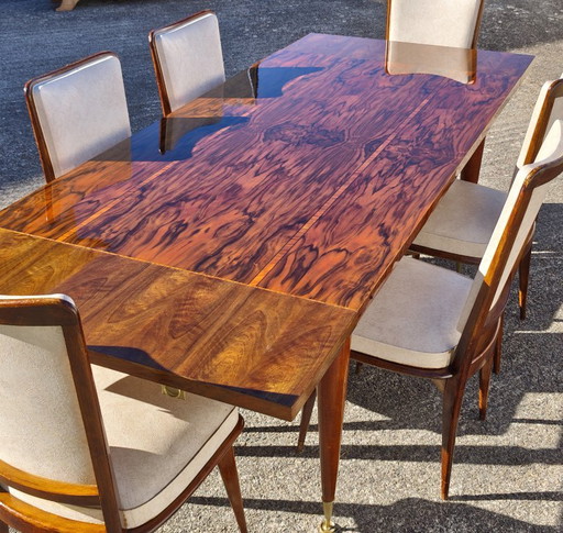 Table de salle à manger Mid-Century Modern extensible en palissandre brillant avec incrustations et pieds en laiton – années 196