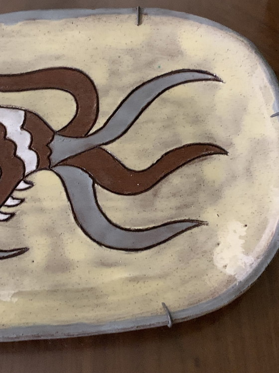 Large stoneware wall plate – champlevé fish decor – 50s-60s (Vallauris / Derval / Agard style) erased (photo 8 of 15)