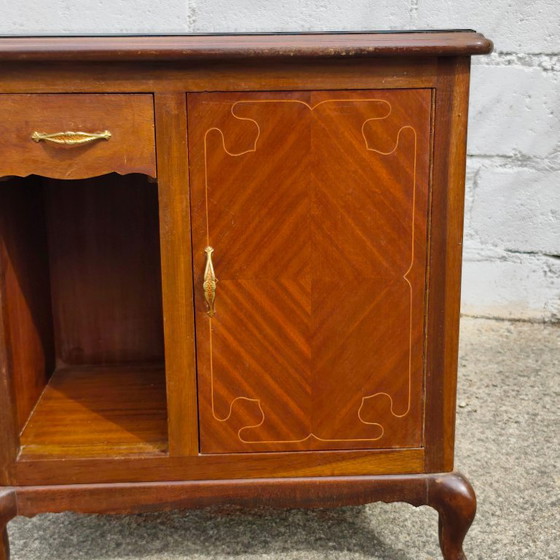 Antieke Franse art-deco console met marqueterie, houten kast met glazen blad, jaren 30 – Ladekasten, Glass (photo 10 of 21)