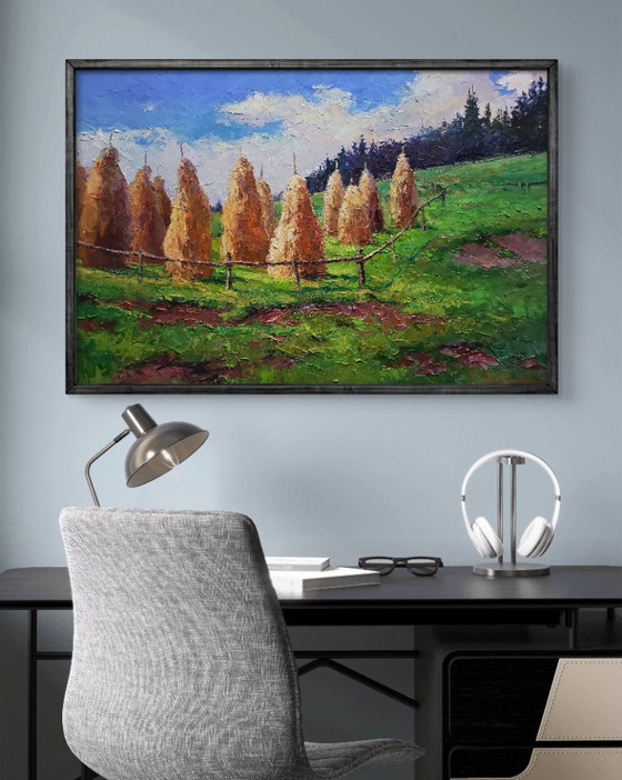 Original Oil Painting Summer Nature Landscape Haystacks in the Mountains – Paintings & Drawings, Canvas (photo 2 of 8)