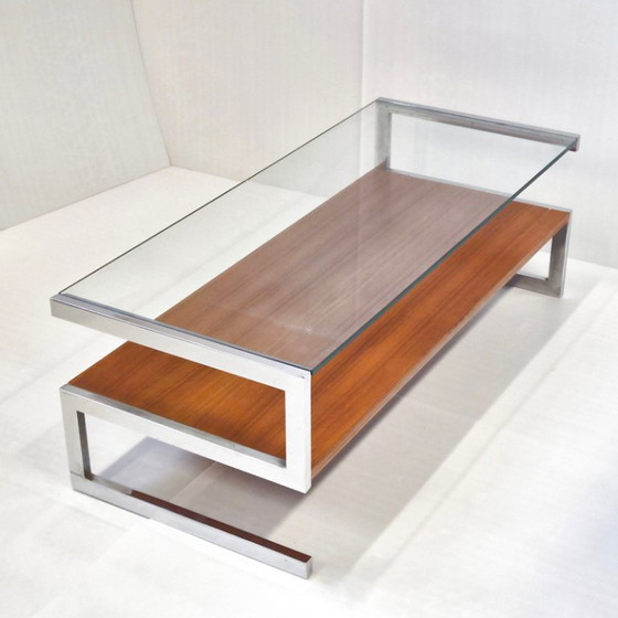 Image 1 of Vintage salontafel uit de jaren 60 van verchroomd staal met teakfineer en glazen blad. DLG Belgo Chrome