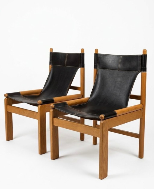 Set of 2 Vintage Safari Chairs - Dark Brown Leather & Oak