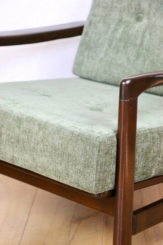 Image 1 of Vintage brown wooden armchair green-olive jeans design by Z. Bączyk - 2 pieces available