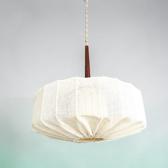 Image 1 of Japandi style wrapped fabric and teak wood hanging lamp shade, Sweden 1950s-60s