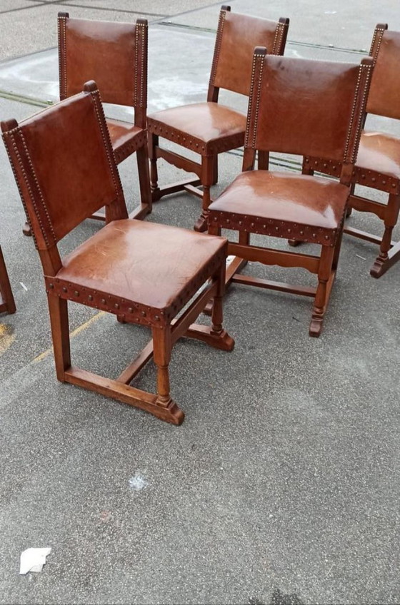 Image 1 of 6 x vintage  Spanish solid wood and leather dining chairs