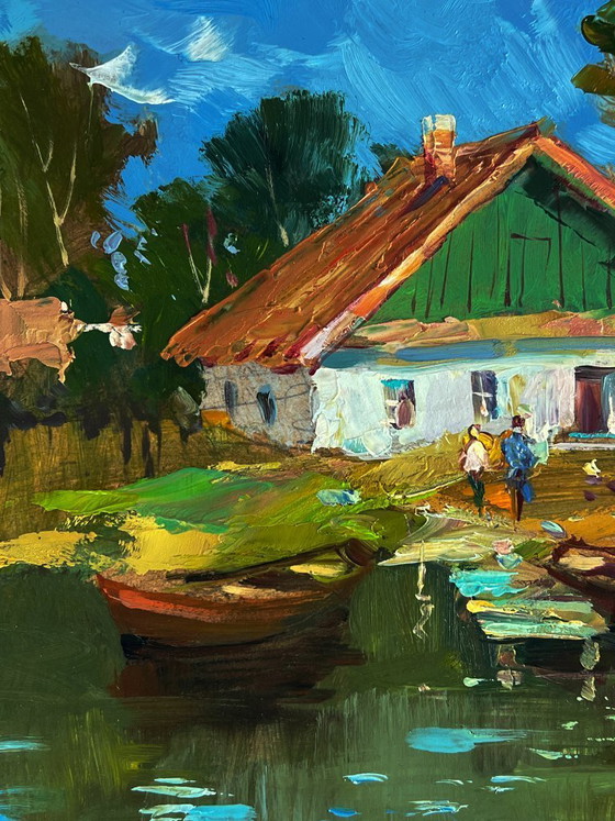Image 1 of Origineel olieverfschilderij: Landelijk landschap, rivierboten bij het huis.