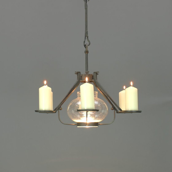 Image 1 of Manfred Bergmeister (1927-2019) - Brutalist handmade wrought bronze pendant lamp / six light candelabra