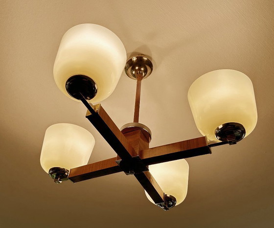Image 1 of Lampe pendante Art Déco en bois et verre chromé