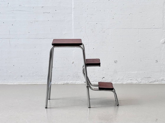 Image 1 of Tabouret vintage avec revêtement en similicuir marron et structure chromée