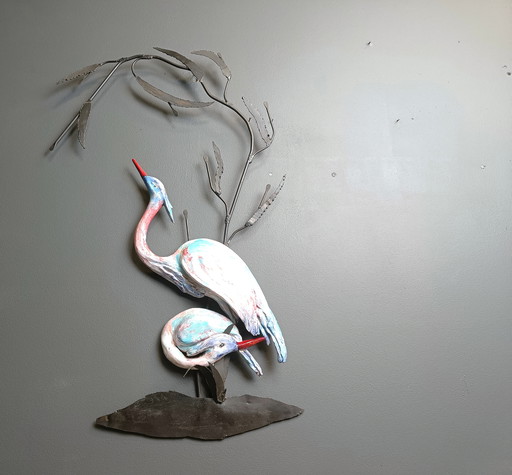 Large Ceramic Héron or Crane Bird Wall Sculpture, 1970s