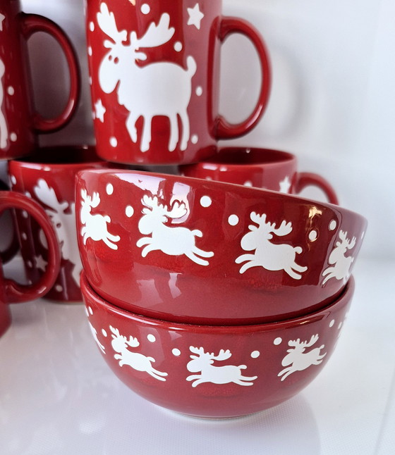 Image 1 of Waechtersbacher Keramik Design Emma Mugs Weihnachts Rentier Service Fun Factory 7 Personen