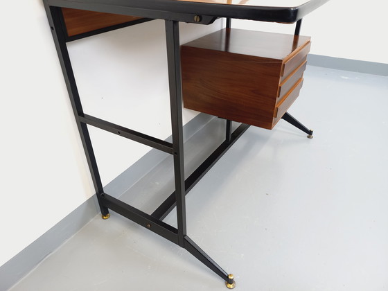 Image 1 of Italian modernist desk with built-in modular string bookcase in teak, metal and melamine from the 60s