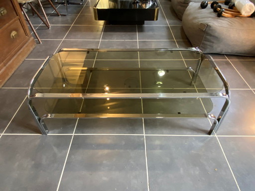 Table basse double plateau verre chrome style Bauhaus vintage 1970