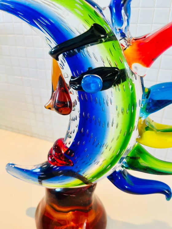 Image 1 of MOON FACE Murano picasso Style Glass Sculpture Multicolor Hand Blown Art JEBLO