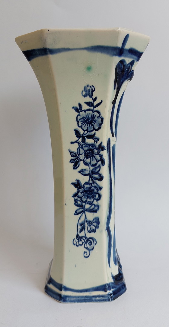 Image 1 of Delft hand painted blue and white pottery octagonal shaped vase 