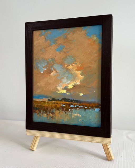 Original Oil Painting Sunset Field Landscape Sunset over the lake