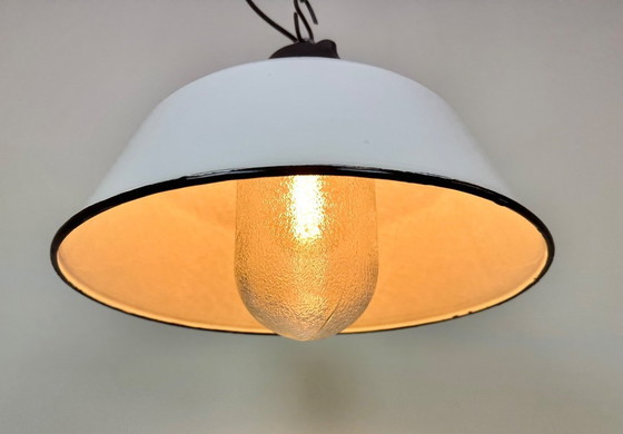 Image 1 of White Enamel and Cast Iron Industrial Pendant Light with Glass Cover, 1960s