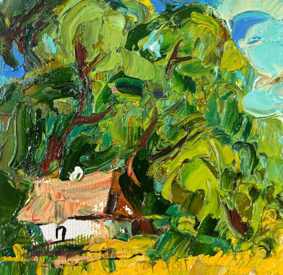 Image 1 of Origineel olieverfschilderij: Landschap met een zomerhuisje en de middag in het dorp