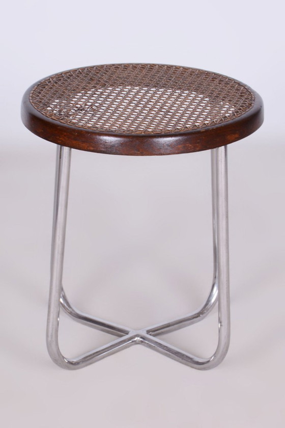 Restored Bauhaus Stool, by Robert Slezák, Chrome, Rattan, Czech, 1930s – Wood (photo 9 of 9)