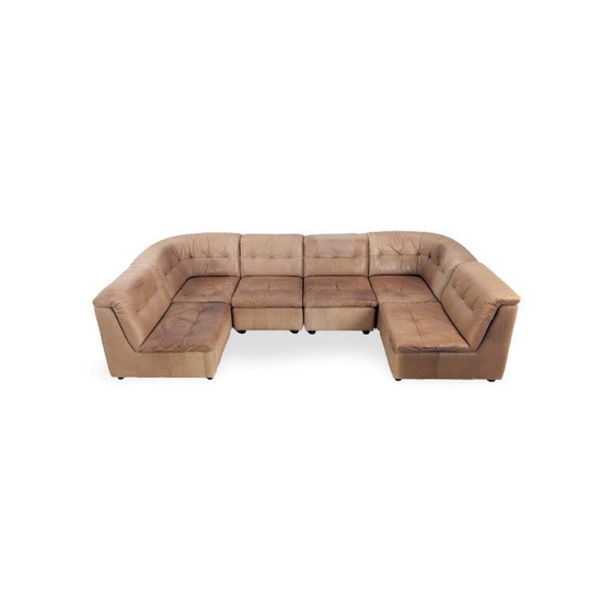 Image 1 of Canapé d'angle modulable original style Mid-Century, en cuir marron