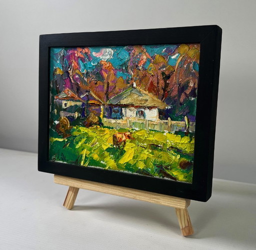 Original Oil Painting Colorful Village Landscape First morning of spring