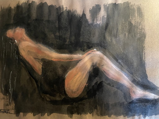 Painting Pastel Ink Portrait Woman "Black Sun