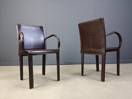 Image 1 of Pair of brown leather armchairs by Arper italy, 1980s