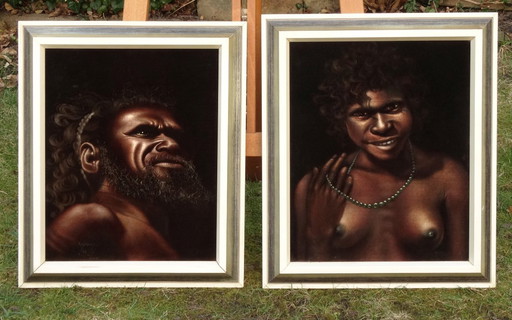A couple of Aborigines, black velvet painting, 1966, Australia, natives