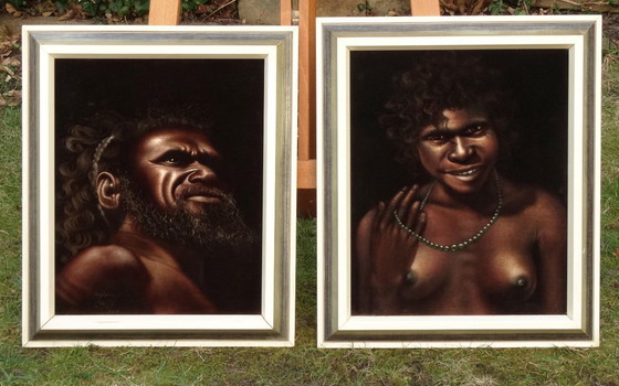 Image 1 of A couple of Aborigines, black velvet painting, 1966, Australia, natives