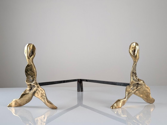 Image 1 of Pair of Brutalist Sculptural Bronze Andirons, 1970s