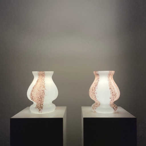 Pair of white and brown glass mushroom table lamps by Doria Leuchten, 1970