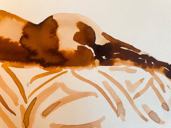 Image 1 of Aquarelle monochrome couleur tabac portrait féminin « sieste au Kenya »