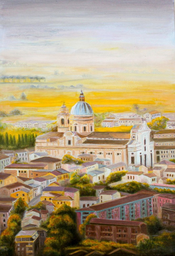 Image 1 of Cuadro de Asís en Italia. Cuadro de Paisaje Urbano. Paisaje al Óleo. Asís Pintado al Óleo. Pintura al Óleo de Asís en Italia.