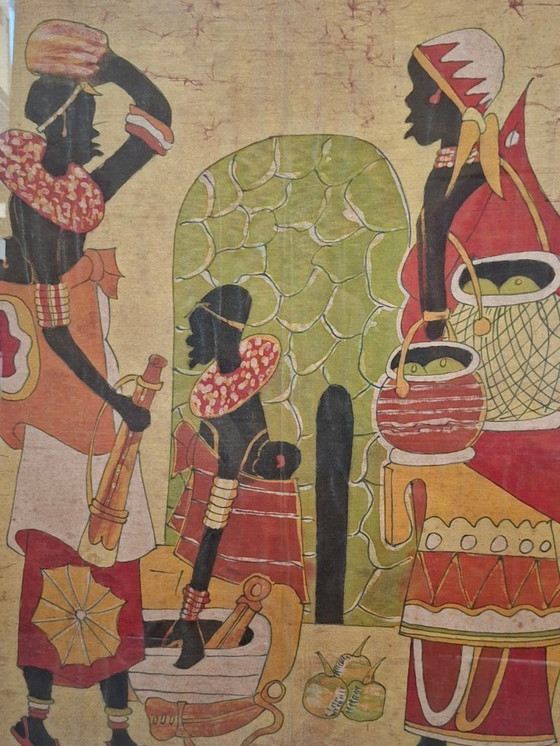 Image 1 of Groot origineel Afrikaans batikschilderij, gesigneerd "Hamidi", kunst op stof, 88 x 79 cm