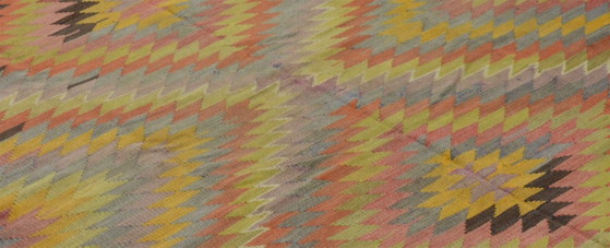 Tappeto Kilim Usak anatolico vintage 294x163 cm – Tessuto a mano in lana con motivo a zigzag colorato (photo 6 of 10)