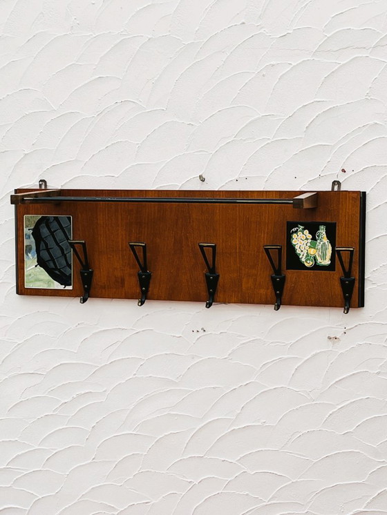 Image 1 of Vintage 1960s wooden wall-mounted coat rack with mirror