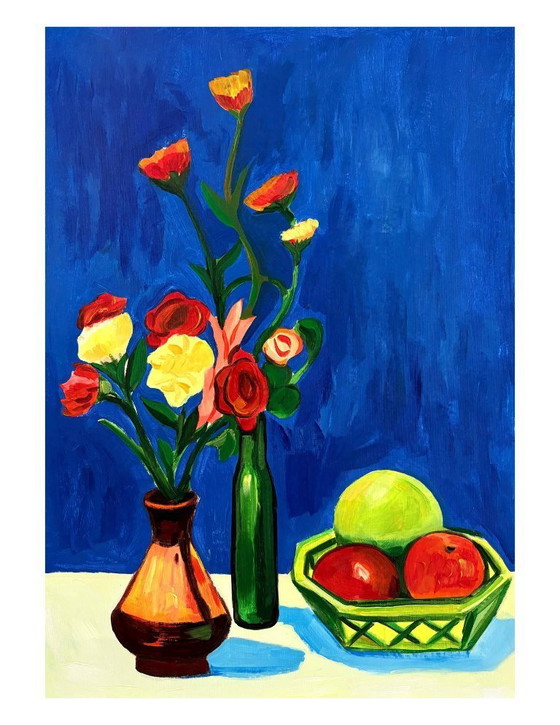Image 1 of Acrylic painting by the artist E. García "Bodegón con fondo azul" 100x70 cm