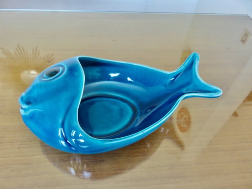 Blauwe crackle-ware "vis" zak netjes, Charolles, Frankrijk, 1960